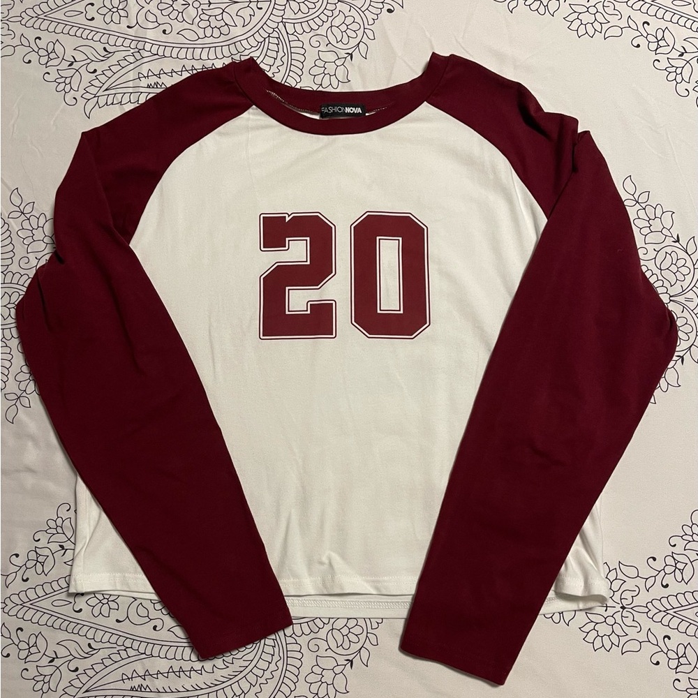 Fashion Nova Burgundy and White Long Sleeve Top